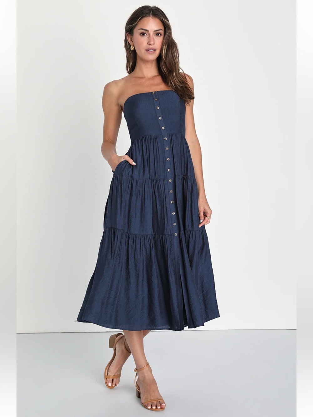 Lulus Navy Blue Strapless Tiered Button Front Midi Dress Size M